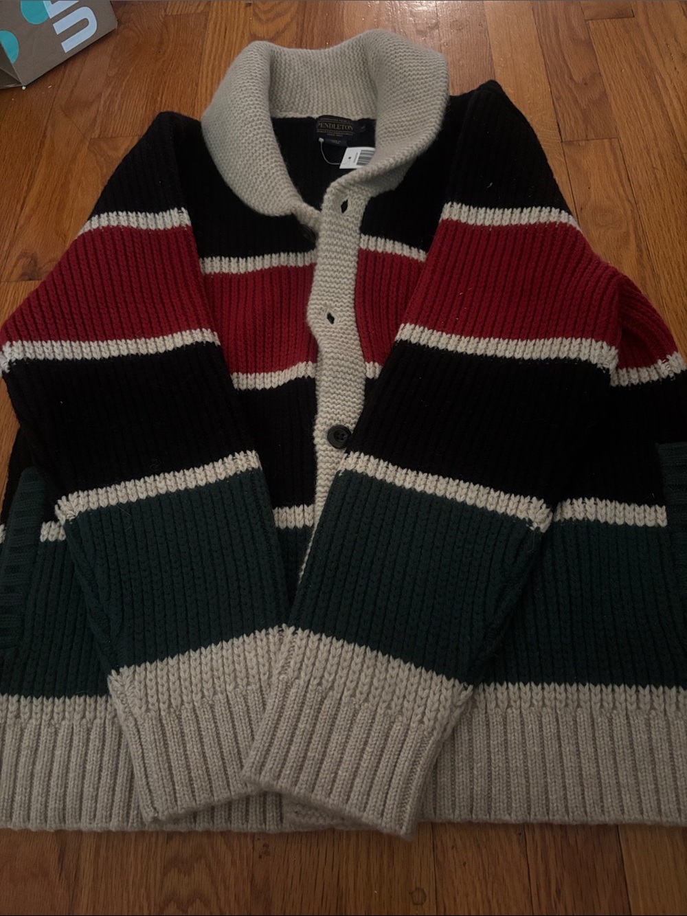 Pendleton Striped Shawl Collar Cardigan in Black, Red, Green, Cream